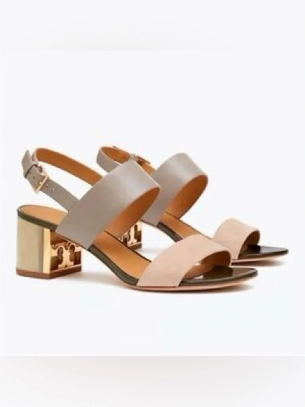 Tory Burch Gigi T Slingback Block Heel Sandals Gray Heron Taupe Leather Size 7